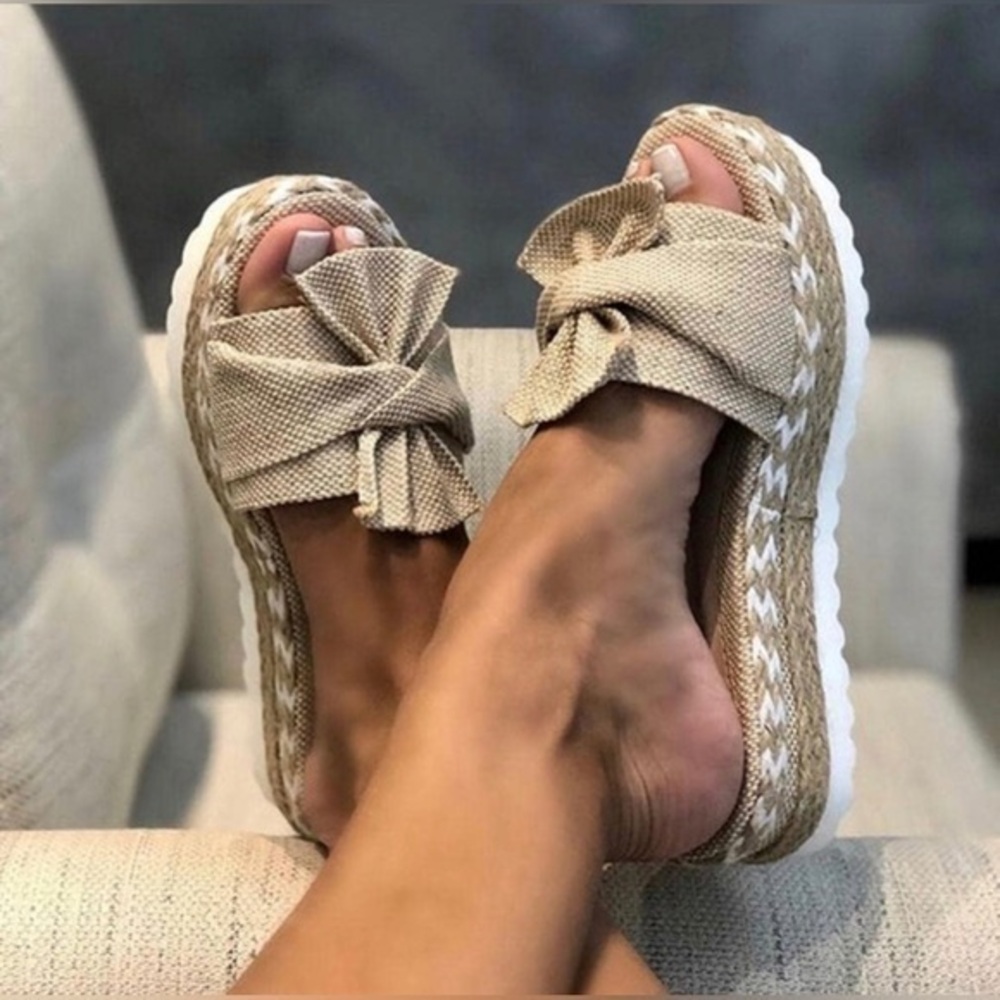 Women’s Natural Jute Bow Slide Sandals Size 9